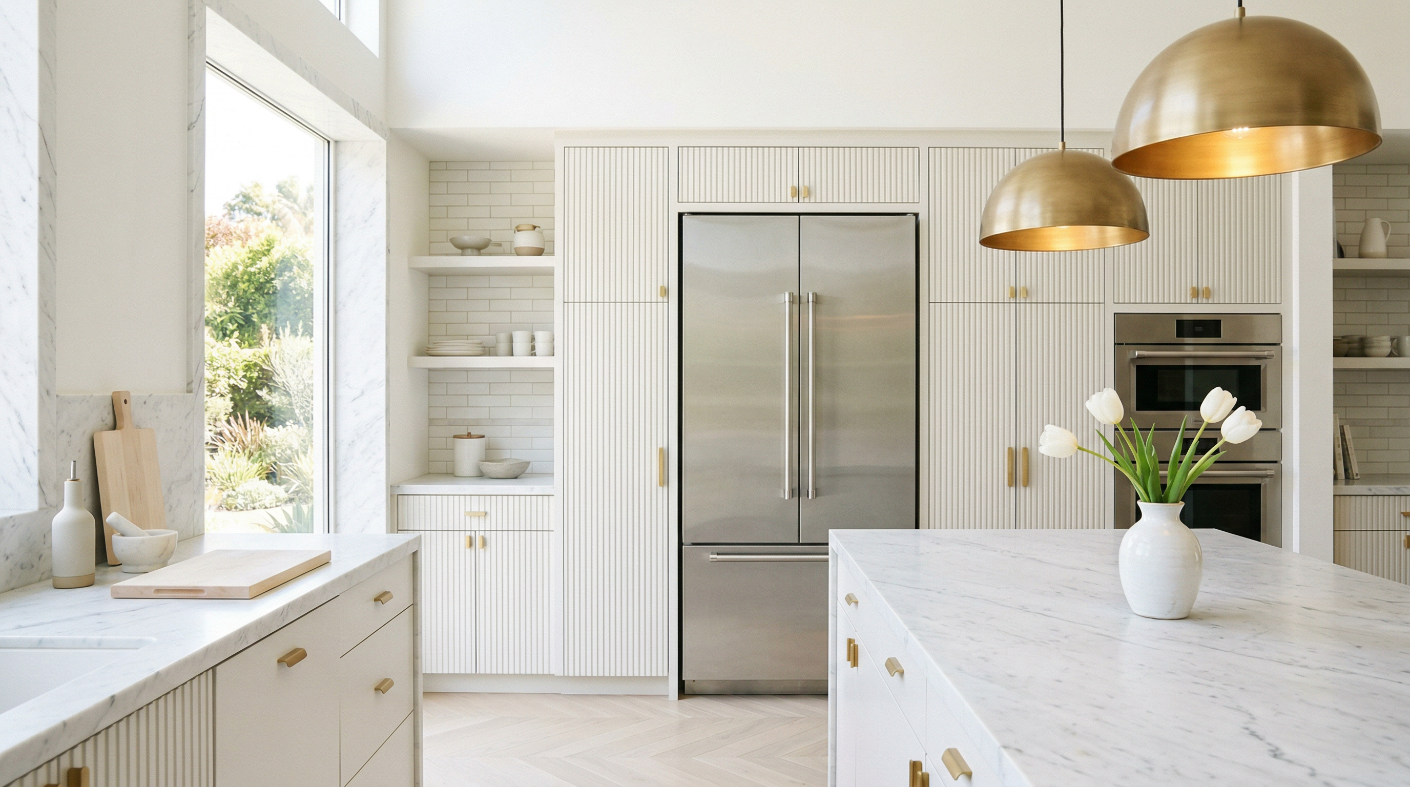 Modern white kitchen with stainless steel French door refrigerator