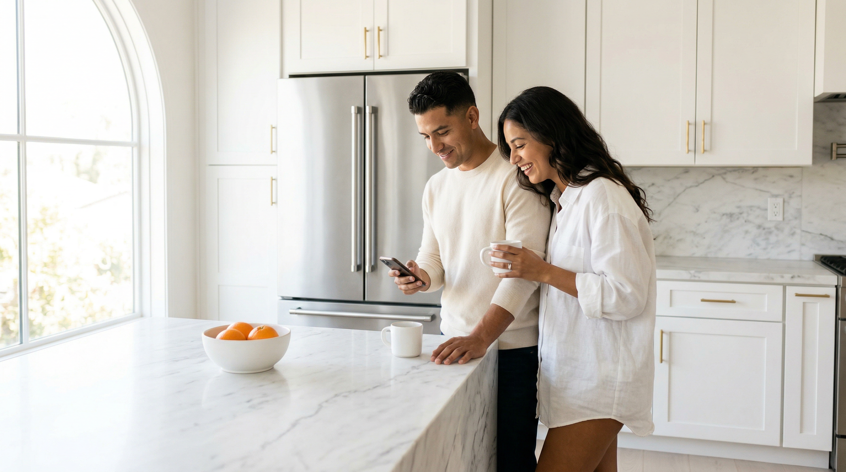 Couple enjoying coffee in modern kitchen