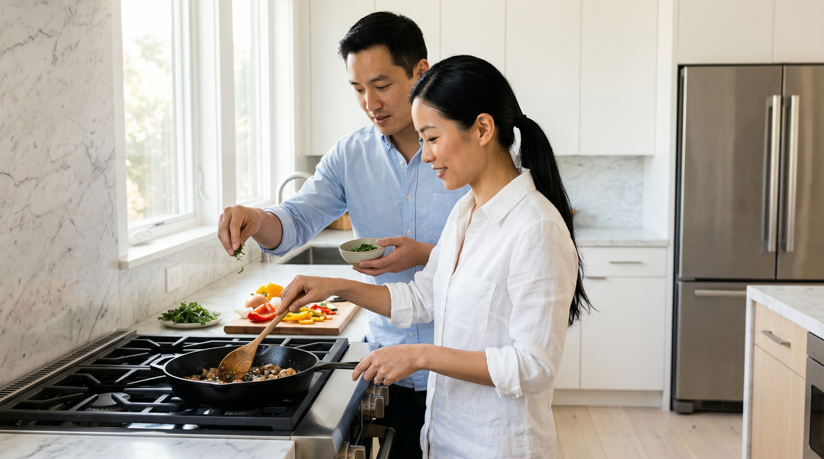 Couple cooking together at premium gas range