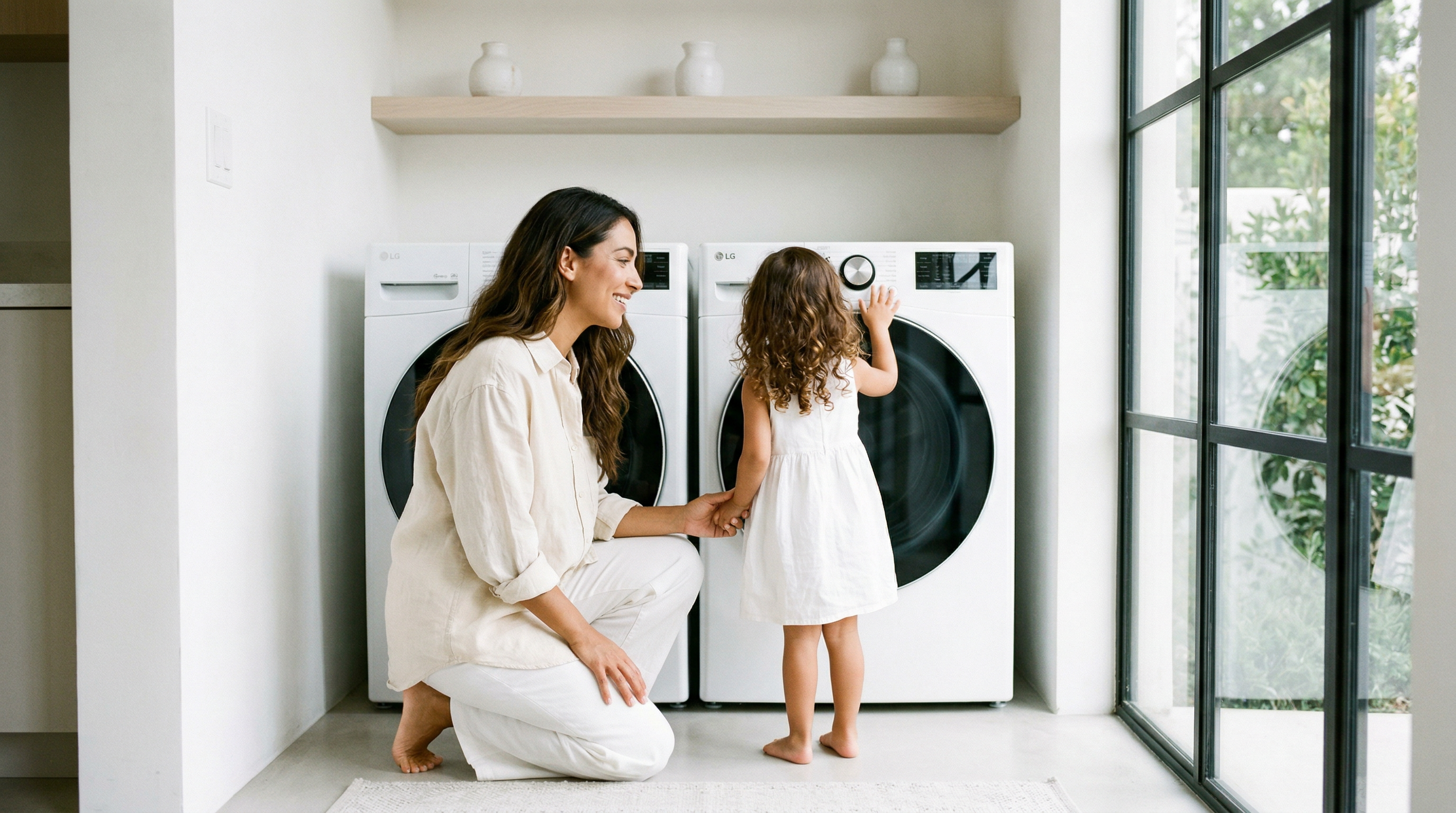 Mother and daughter at front-load washer and dryer
